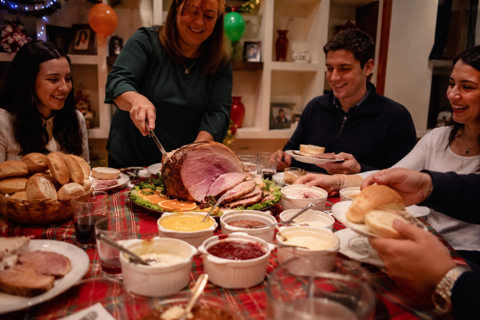 Pernil de cerdo servido en una reunión, acompañado de panes y diferentes salsas
